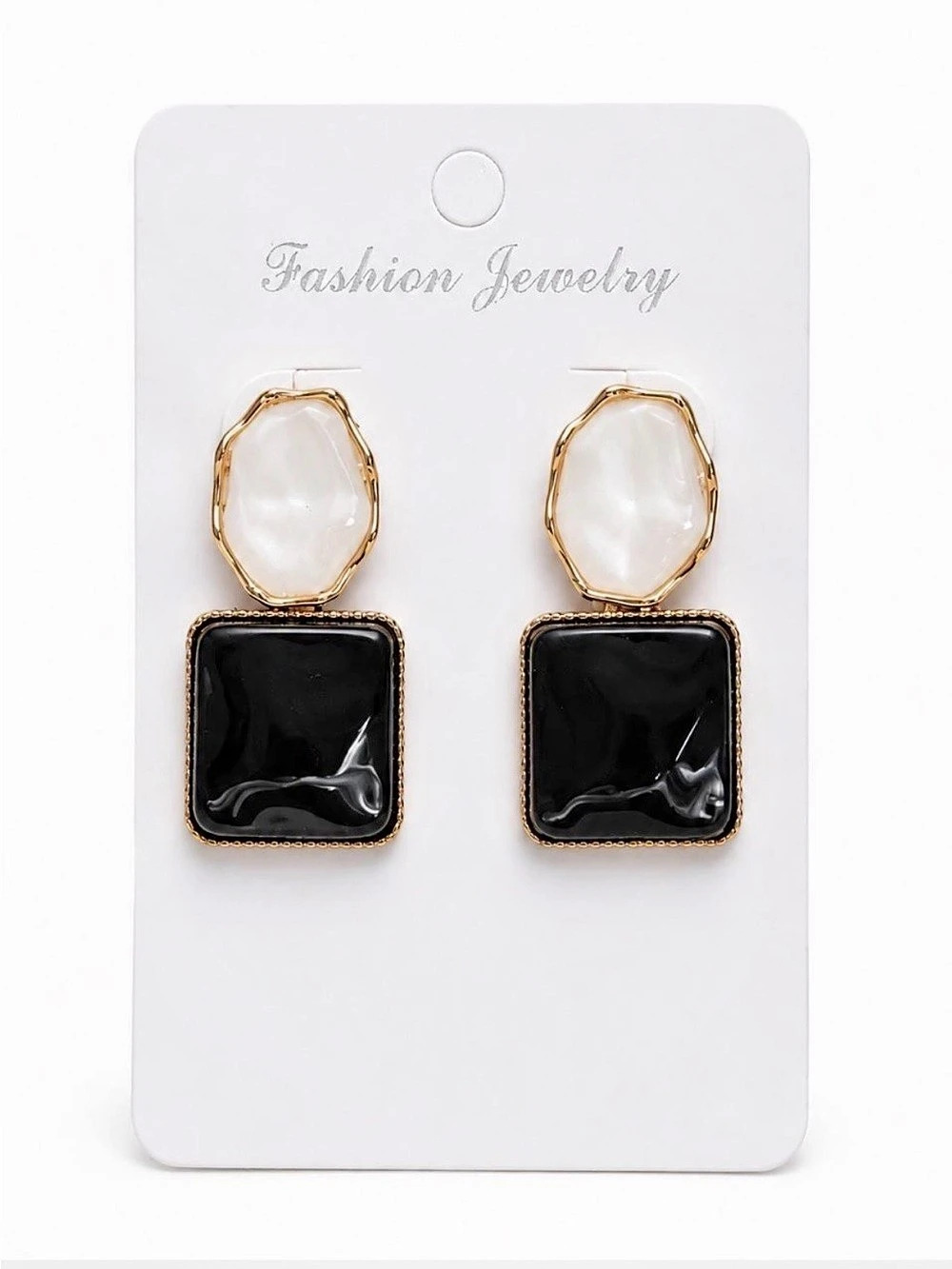 Vintage Inspired Black White Geometric Statement Earrings Gold Tone Old Money NW